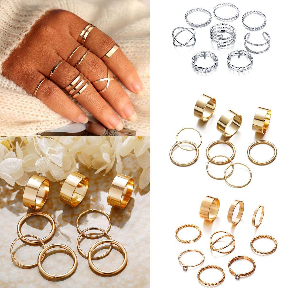 Cincin Nanas set Vintage Hollow Emas/Perak Geometris Midi Knuckle