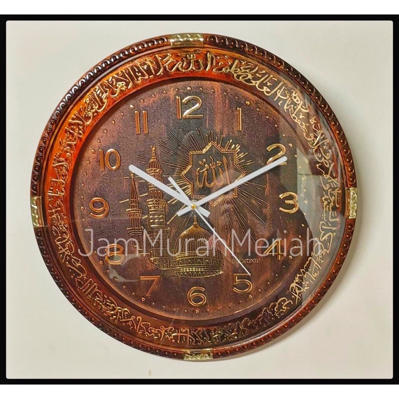 Jam Dinding Diamond 402 Kaligrafi Arab Ukir Bulat Motif Kayu Nabawi