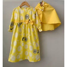Gamis Katun Kerudung Polos Anak Motif Kuning Bunga Size 1-6Tahun