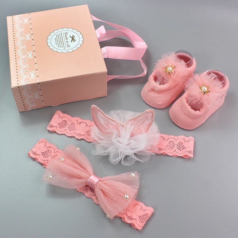 Bandana Bayi newborn rajut set sepatu Headband baby hairband shoes import lucu cute