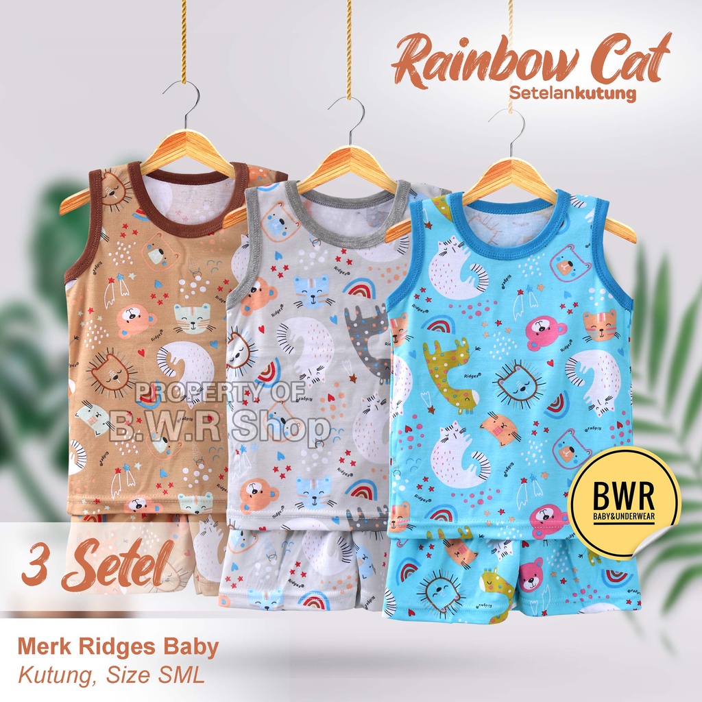 [ 3pc ] Setelan RIDGES KUTUNG Rainbow CAT / Piyama Anak Lengan Kutung Unisex | Bwr