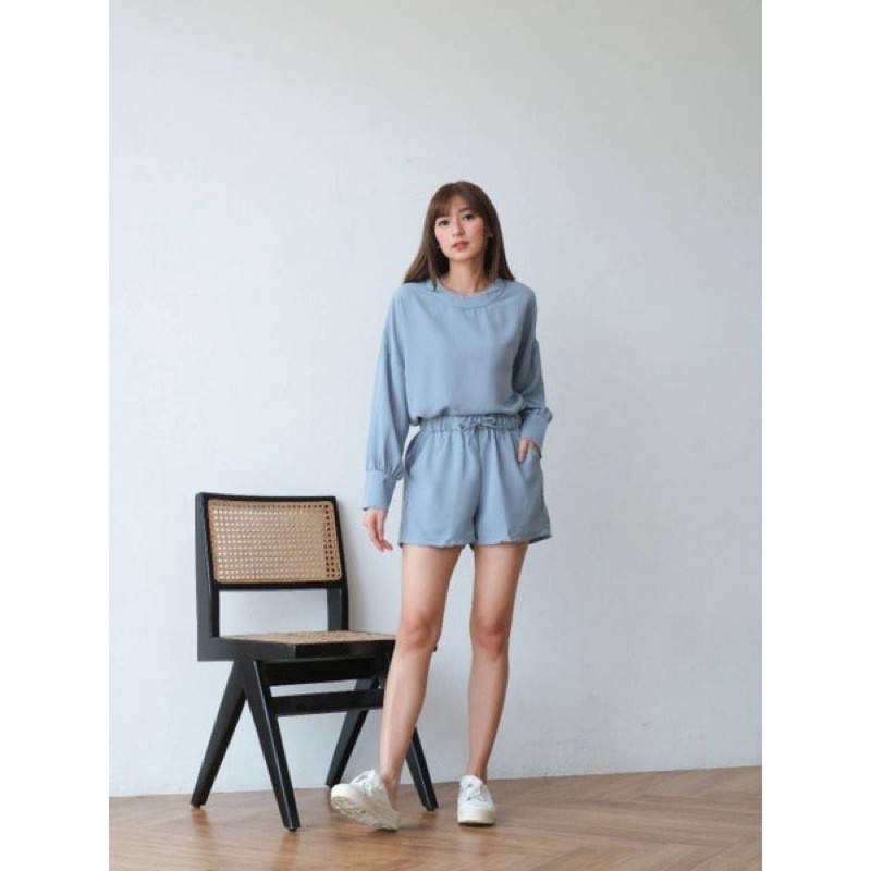 kode 123 setelan set wanita crop top lengan panjang celana pendek import bagus murah hitam biru pink