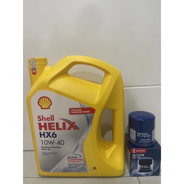 Paket Shell HX6 10w-40 4liter dan filter OLI Denso dxe-1001 untuk mobil avanza,xenia,granmax,luxio,agya,sigra,terios,rush