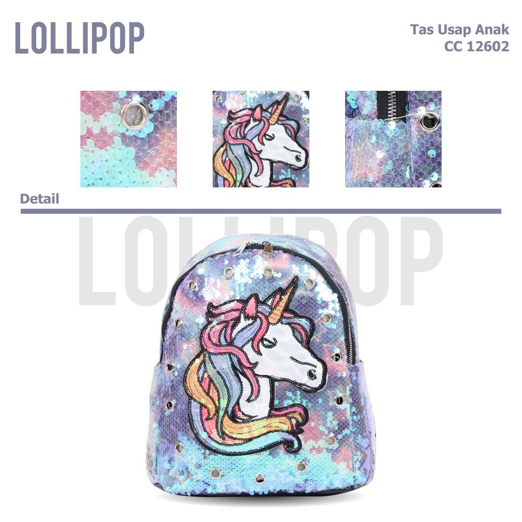 [KLIKTAS] Tas ransel anak perempuan manik Lollipop Sequin Unicorn TK SD PAUD Bonus Lampu CC 12601