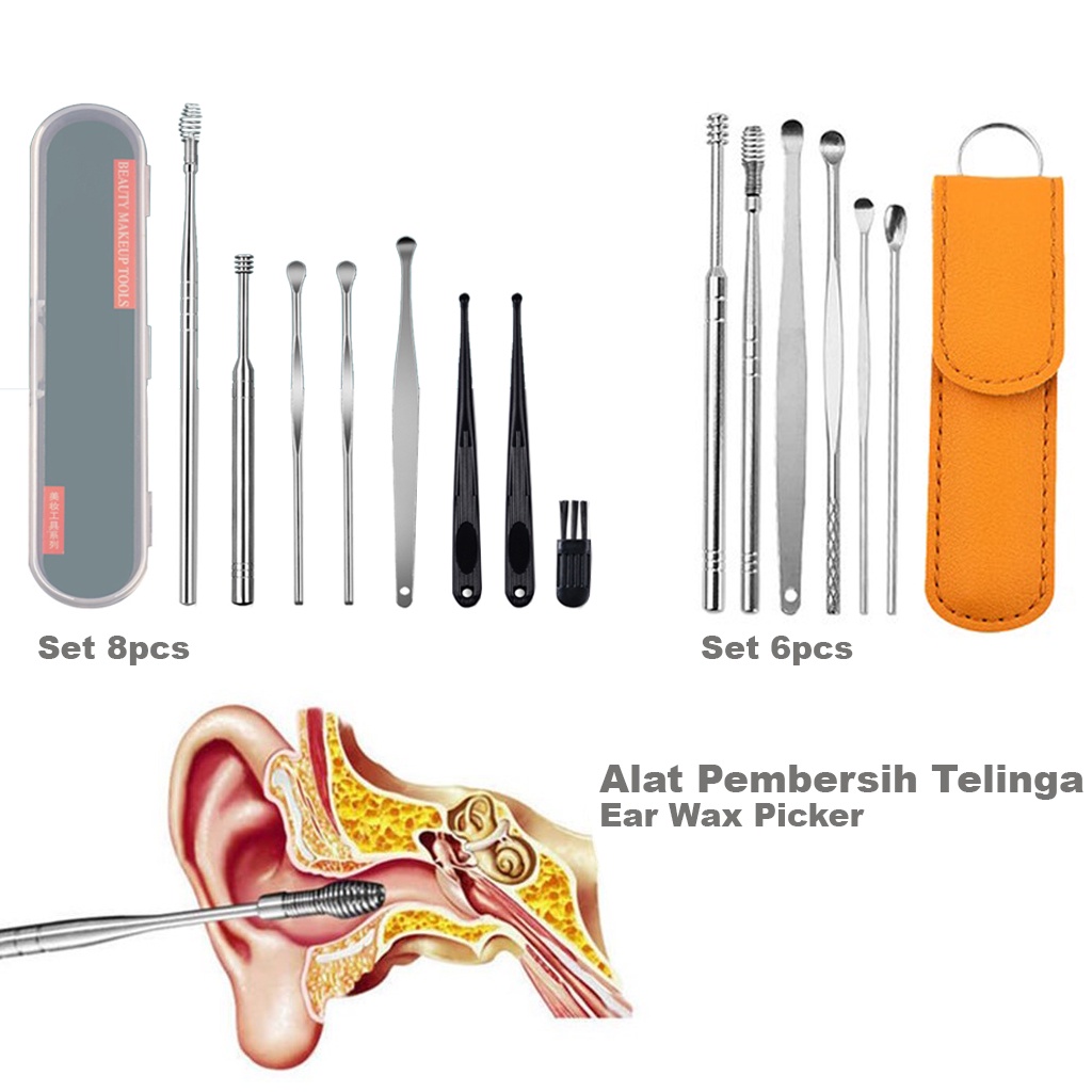 BRGUNIK Alat Pembersih Telinga Korek Kuping Ear Wax Picker 6pcs Alat Pembersih Telinga Korek Kuping Stainless Steel Paket 8pc Set R649 651