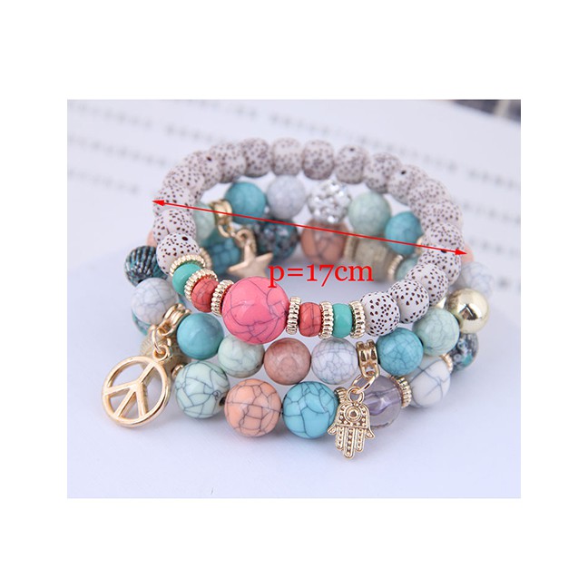 LRC Gelang Fashion Gray Wooden Beads Multi-element Pendant Multi-layer Bracelet A59089