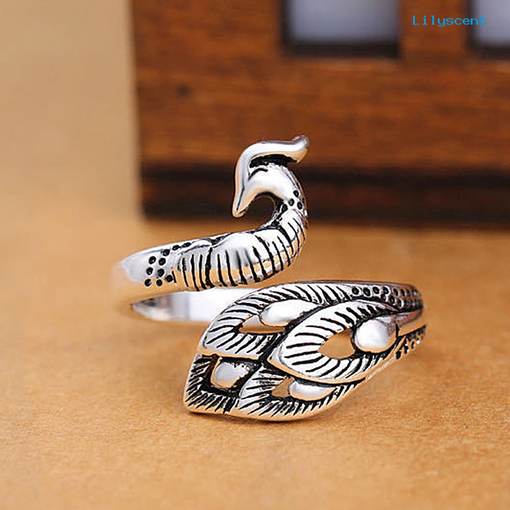 Ls Cincin Open Ring Adjustable Desain Burung Merak Warna Silver Gaya Retro