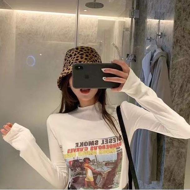 yikoo-Kaos wanita casual print t shirt atasan lengan panjang korea