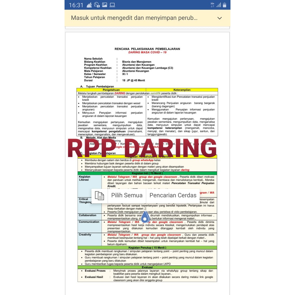 RPP1lembar daring dan luring/Tatap muka SMK AKUNTANSI mapel, Produk Kreatif dan Kewirausahaan Kelas 11, 2 Semester