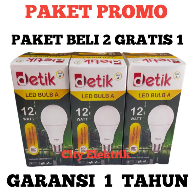 PAKET BELI 2 GRATIS 1 LAMPU LED DETIK BULB A 12 Watt / Super Terang / PAKET PROMO / BERGARANSI 1 TAHUN