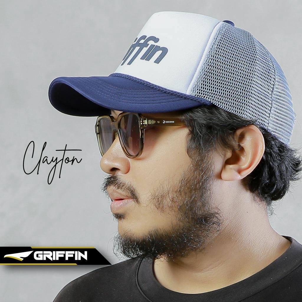 Topi Trucker Pria Wanita Unisex Putih Biru Keren Sablon Hi Density Timbul Clayton by Griffin Apparel