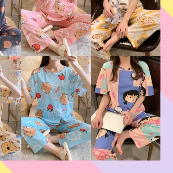 ☄ UNNY.ID Baju Setelan Piyama Import Lengan Pendek Celana Panjang Baju Rumah Baju Tidur Wanita Motif