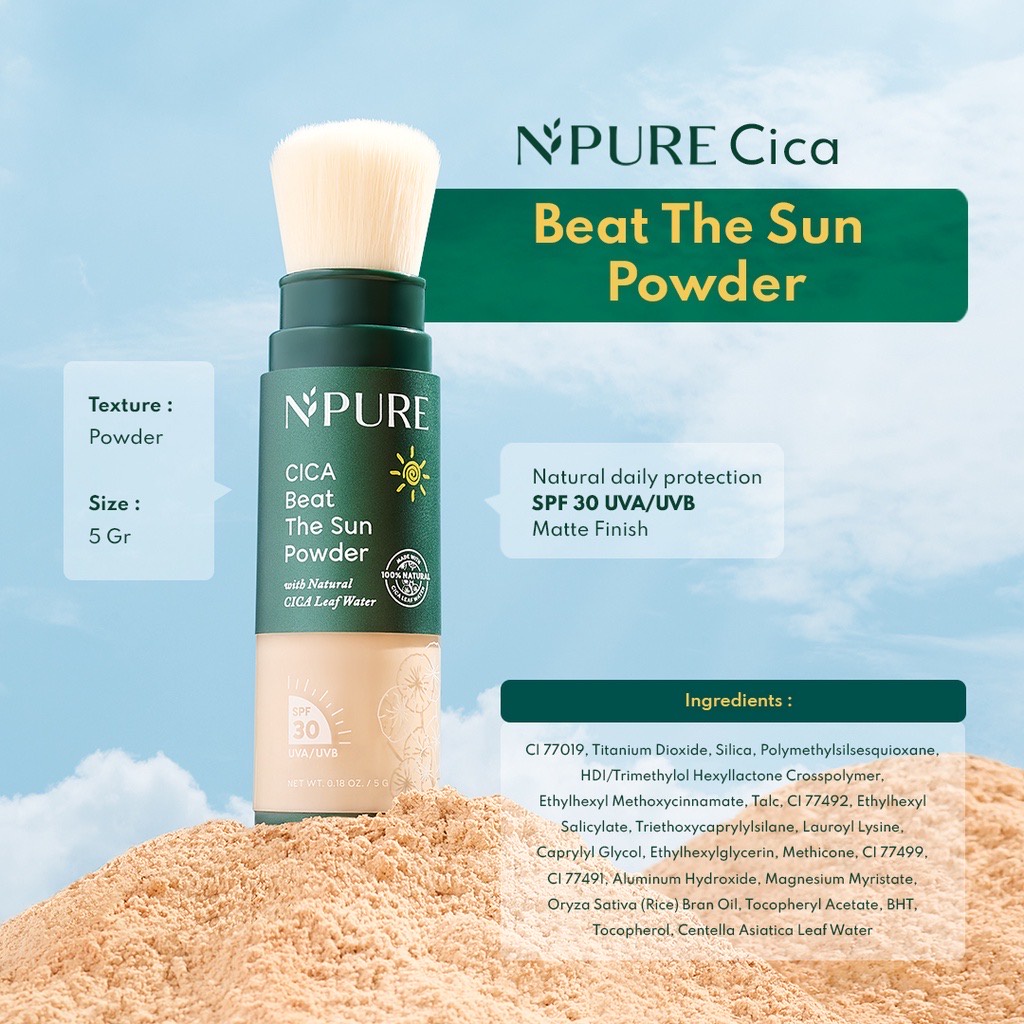 NPURE Cica Beat The Sun Indonesia / SPF 50 PA++++ Sunscreen Powder Facial Wash Cleanser Face Primer Essence Toner Serum Ampoule Day Night Eye Cream Moisturizer Sheet Clay Mask Masker Pad Body Lotion / Marigold Centella Asiatica Noni Probiotics Acne Paket