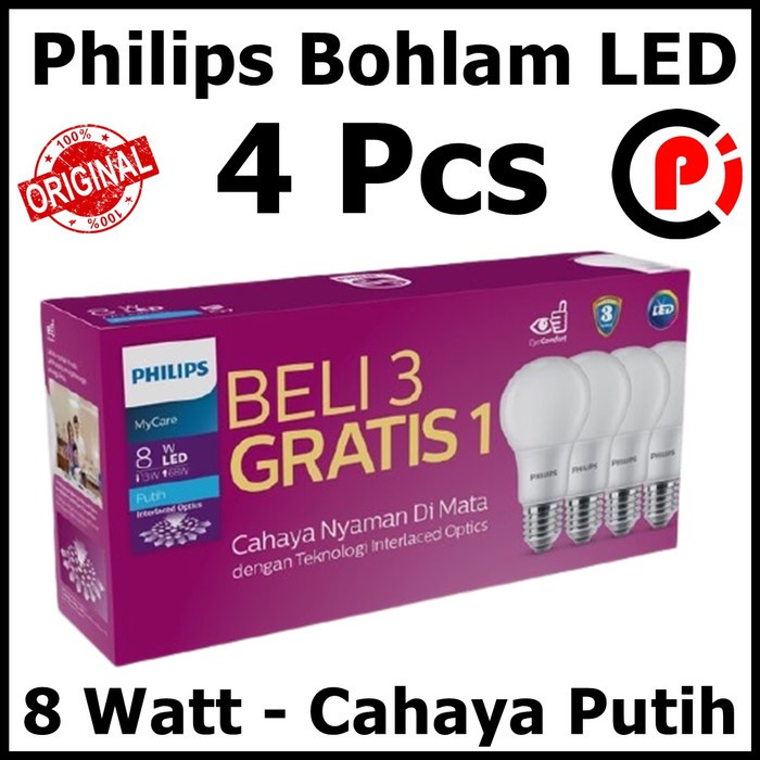 Philips Lampu Bohlam LED 8W 8 Watt Cahaya Putih MyCare Isi 4 Pcs