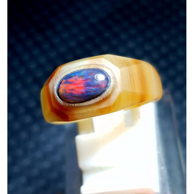 BATU KALIMAYA BLACK OPAL KOPI GARANSI 100% ASLI BATU BANTEN.DIM.8X5X3.RING TANDUK SAPI NO 7 / 15 BIS