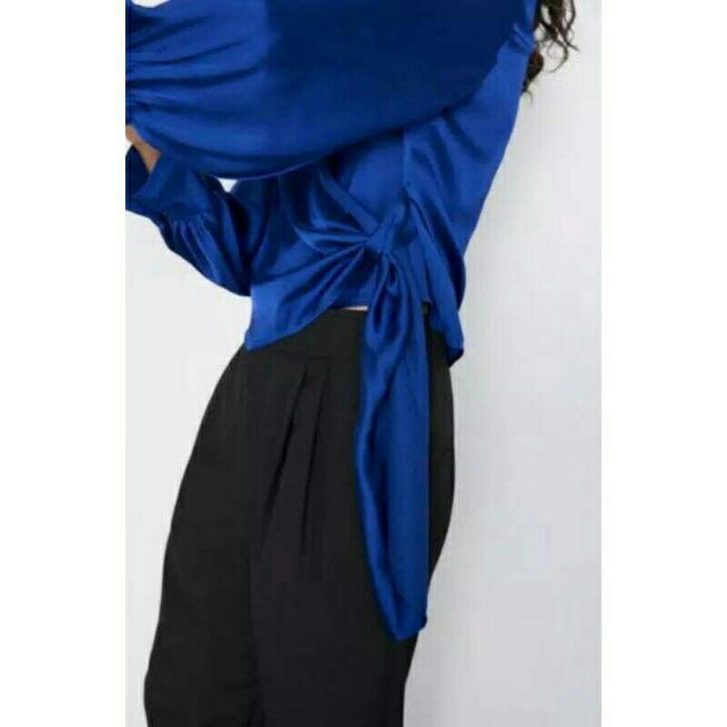 Zara Blue Satin/ &amp; Polyester Wrap Blouse Original Branded