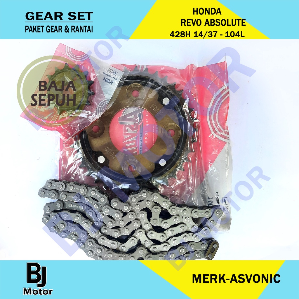 PAKET GEAR RANTAI GEAR SET GIRSET MOTOR HONDA ABSOLUTE REVO BLADE REVO FIT 428H-14/37T 104L
