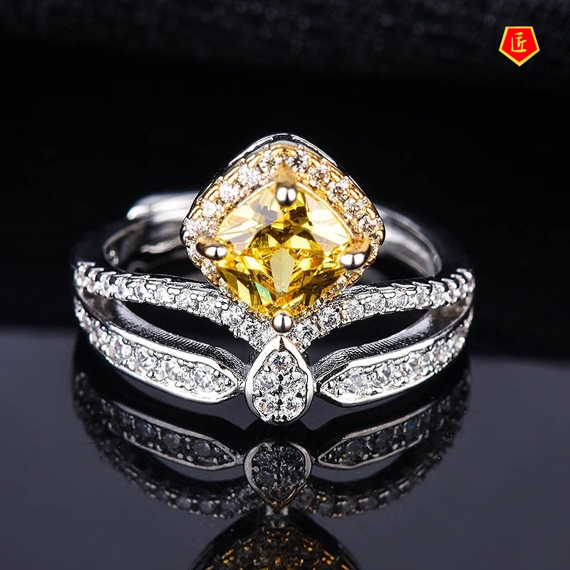 [Ready Stock]Pt950 Square Yellow Diamond Creative Crown Ring