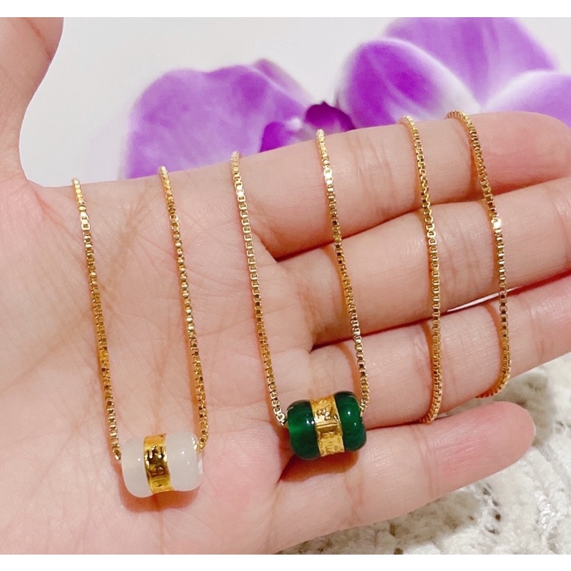 kalung liontin titanium lapis emas permata giok hijo dan putih terawet