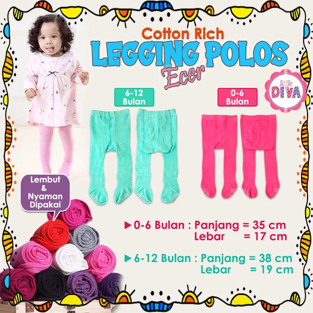 ECER Legging Bayi POLOS 0-6 &amp; 6-12M Leging Baby Cotton Rich Putih pink fanta kuning orange ungu biru