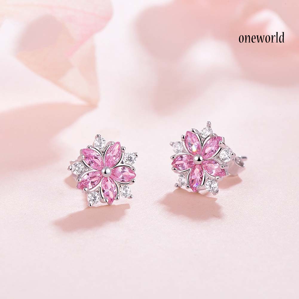 OW# Women Rhinestone Inlaid Sakura Flower Ear Stud Earrings Wedding Jewelry Gift