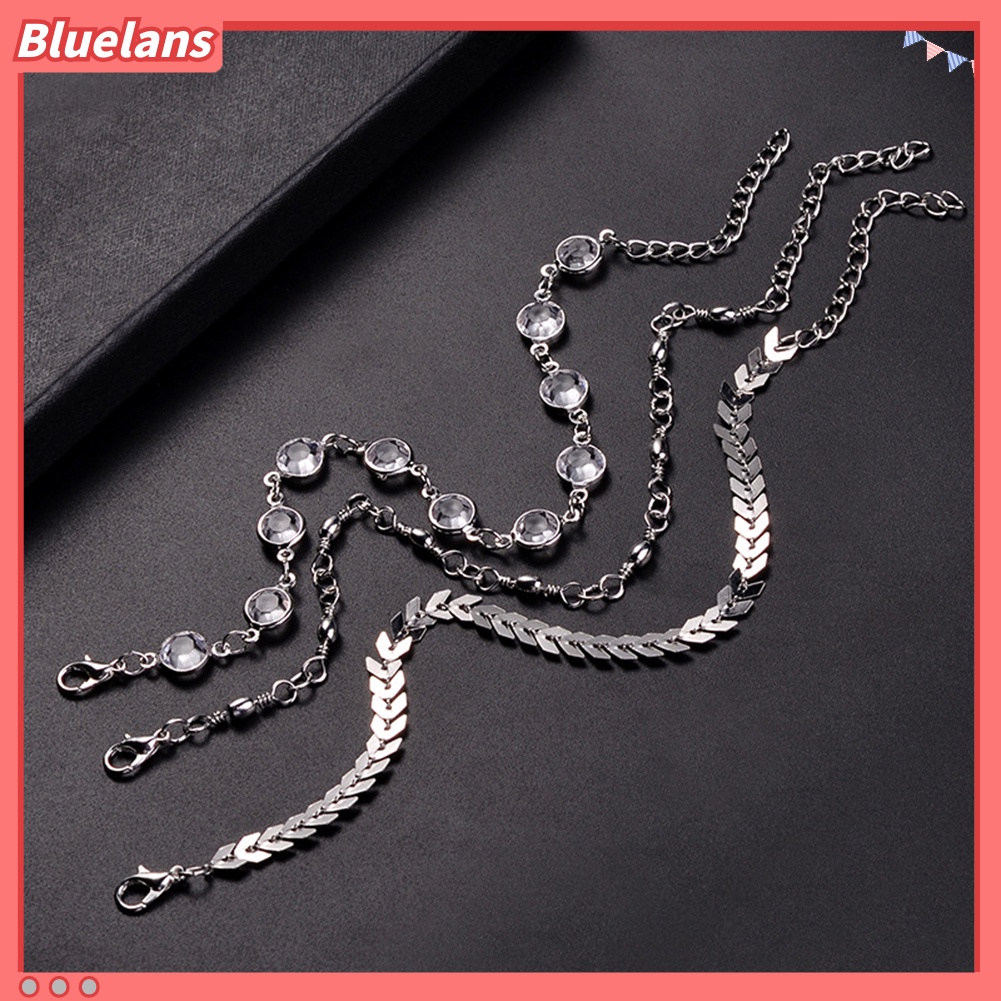 Bluelans 3Pcs Bohemian Women Rhinestone Fishbone Chain Anklet Foot Bracelet Jewelry