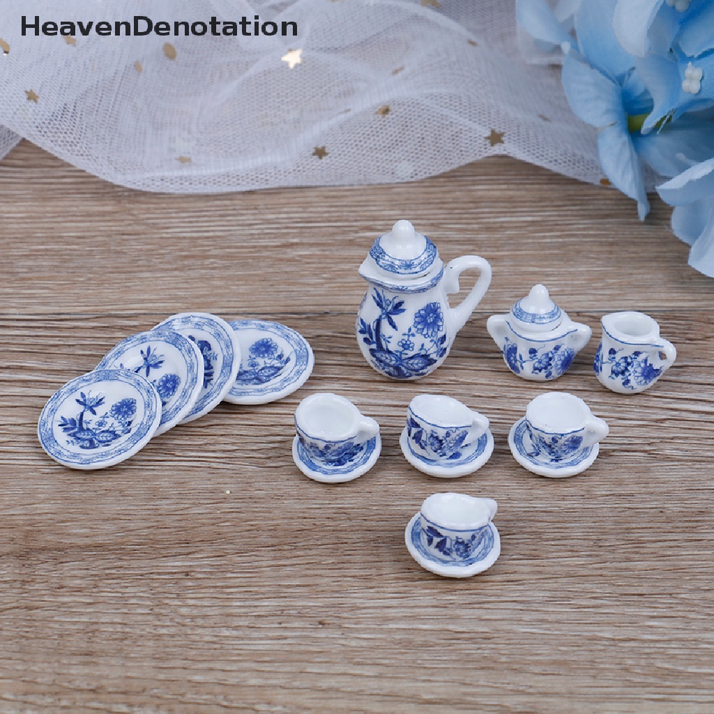 (Heavendenotation) 15pcs Miniatur Cangkir Teh / Kopi Porselen Motif Bunga Biru Skala 1: 12 Untuk Rumah Boneka