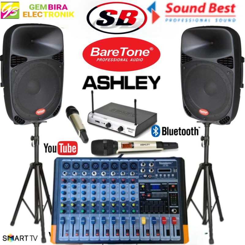 Paket Speaker Baretone 15 inch power mixer Soundbest 8 channel bluetooth 800 watt Original sound