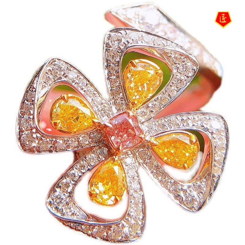 [Ready Stock]Pt950 Yellow Diamond Clover Flower Pink Crystal Ring Elegant Sweet