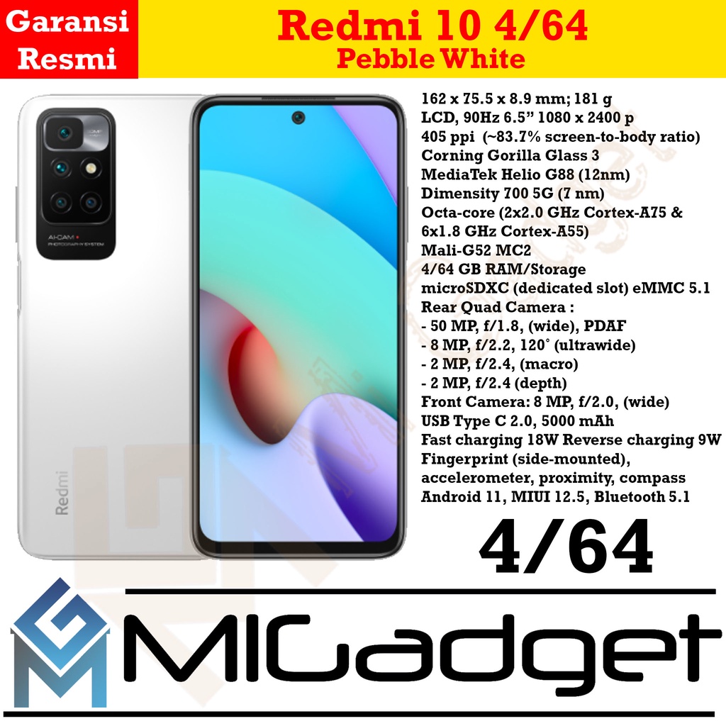 Redmi 10 4/64 Garansi Resmi 50MP Camera-Pebble White