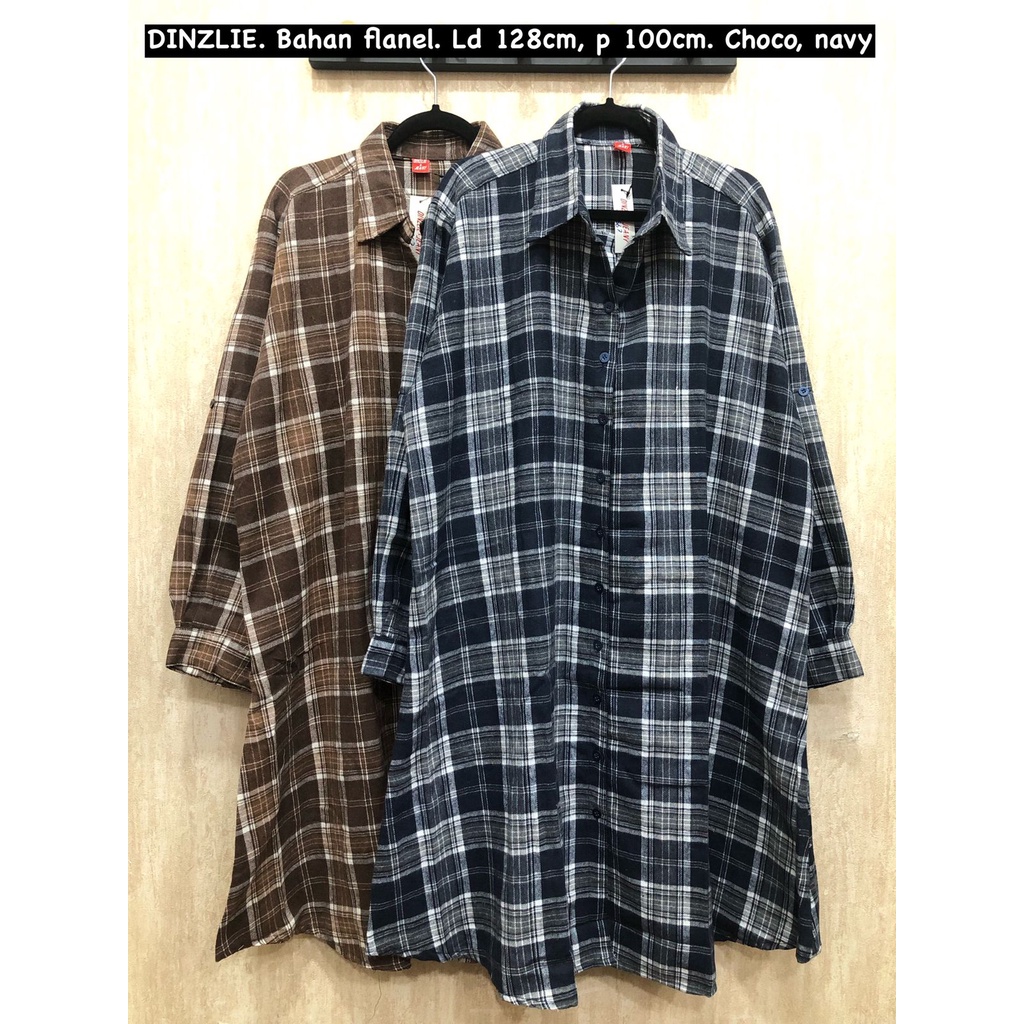 DINZLIE TUNIK TUNIC DRESS KEMEJA PANJANG WANITA BAHAN FLANNEL MOTIF KOTAK KOTAK2 BIGSIZE JUMBO XXXL 