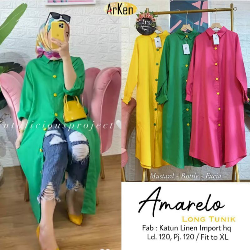 AMARELO LONG TUNIK JUMBO LD 120 BAHAN LINEN PREMIUM