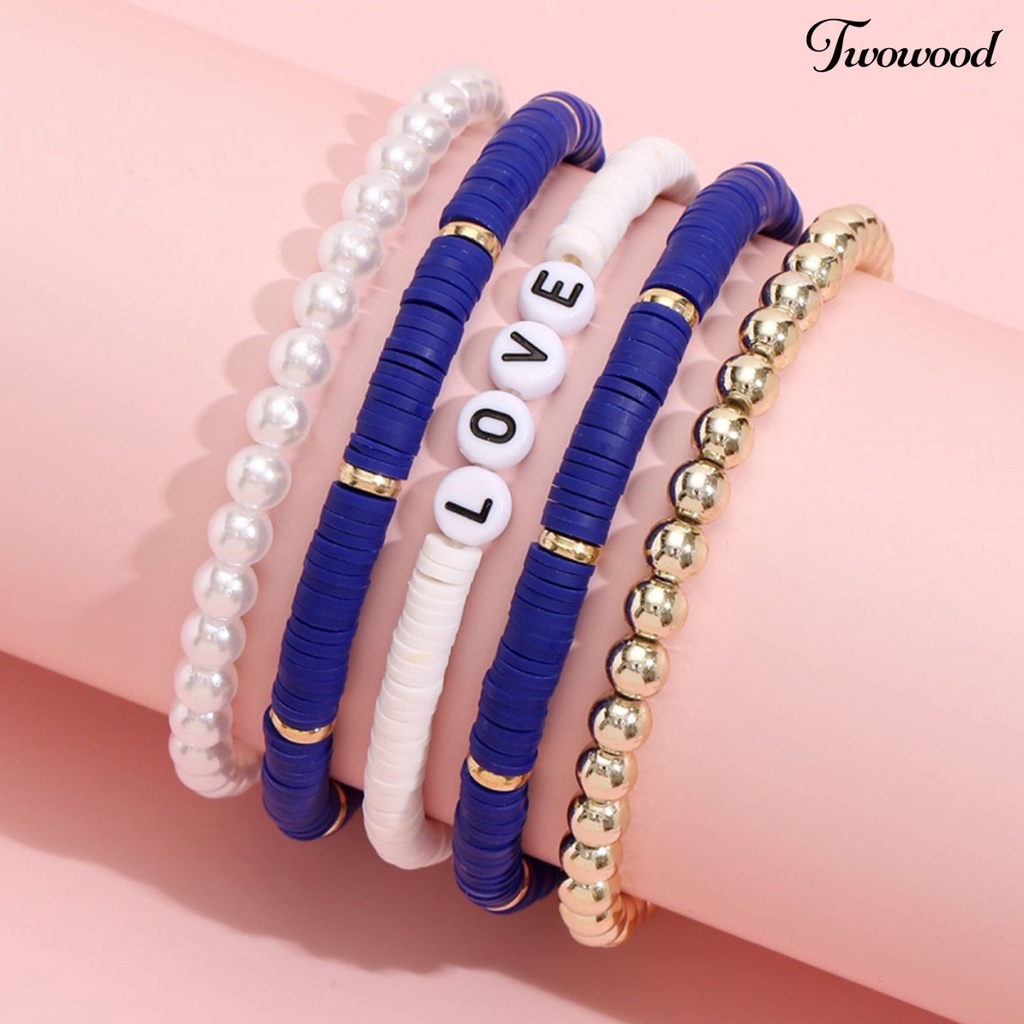 5pcs Gelang Bahan Polymer Clay Motif Tulisan Love Warna-Warni Gaya Bohemian Untuk Unisex