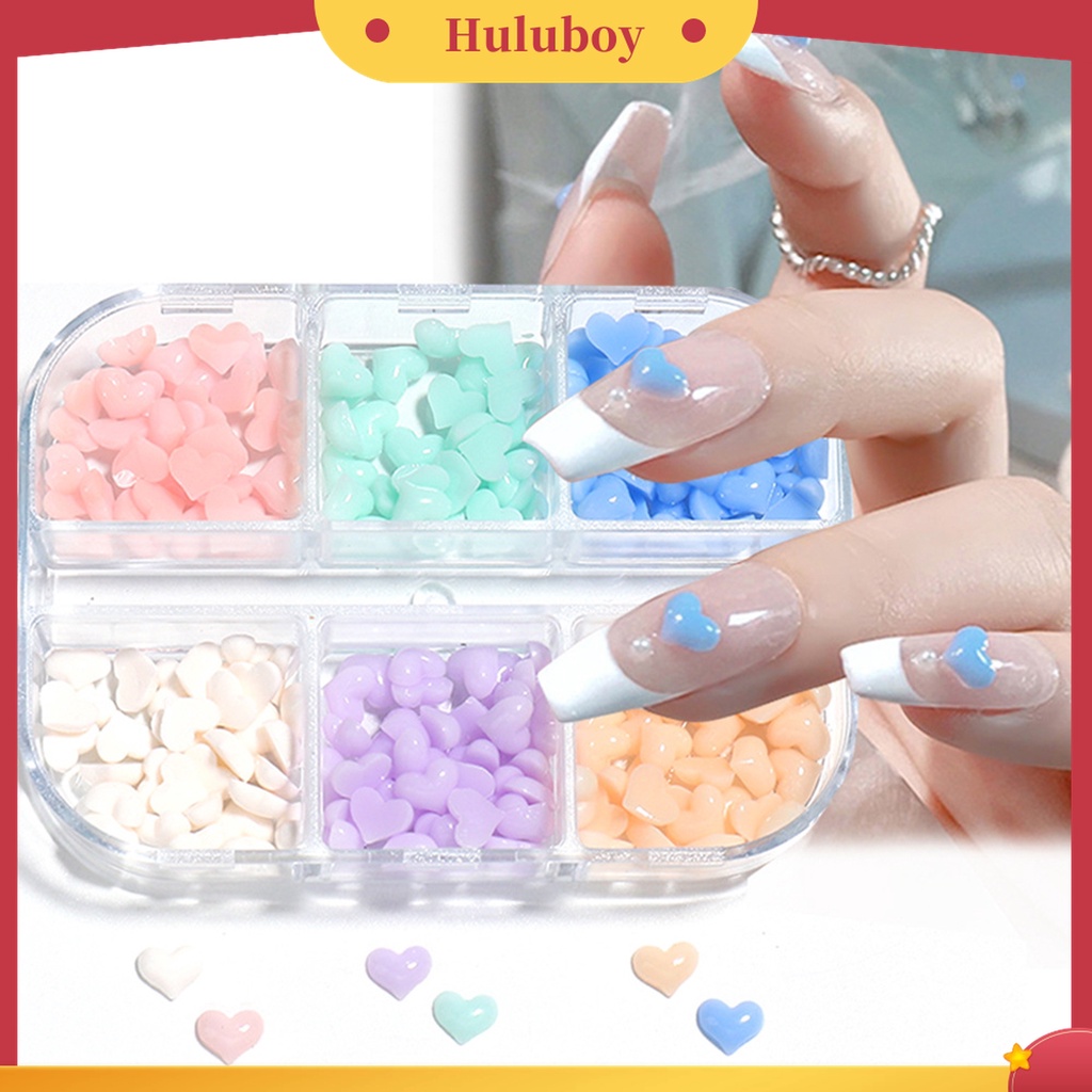 Huluboy Huluboy♡ 6 Grids / Box Ornamen Hati 3D Efek Berubah Warna Putih Pink Untuk Dekorasi Nail Art Charms