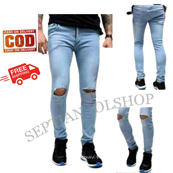  CELANA  JEANS  SOBEK  PRIA lutut Bioblitz Skinny Tebal 