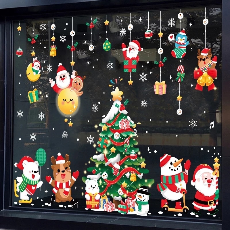 Cartoon Santa Claus Snowman Christmas Window Sticker / Merry Christmas Glass Decor For Home New Year Party / Xmas House Decorations