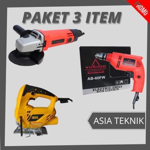 PROMO PAKET TUKANG HEMAT!!!! 3 ITEM BOR+GERINDA+JIGSAW/BOR YUKIDO 10MM GERINDA KUSUKA 4 INCHI JI8GSAW YUKIDO