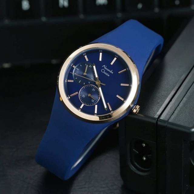 Jam Tangan Alexandre Christie AC 2663 BF Tali Rubber Biru Tua Rose Wanita / Cewek Original