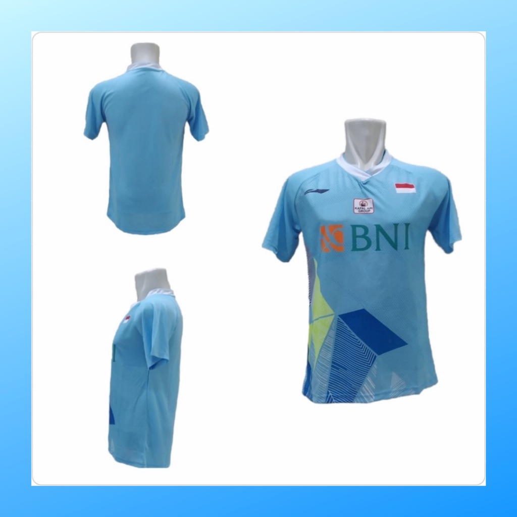 Kaos badminton pria jersey bulutangkis baju atasan jersy wanita dewasa t-shirt outfit seragam kostum olahraga casual suit pakaian jarsey oblong apparel sports jersi bulu tangkis L156 biru sponsor