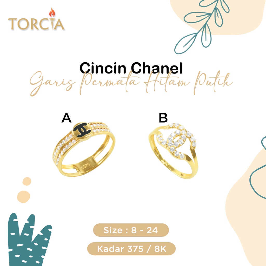 Cincin Emas Asli Logo Brand Garis Permata Hitam Putih Kadar 375 Torcia