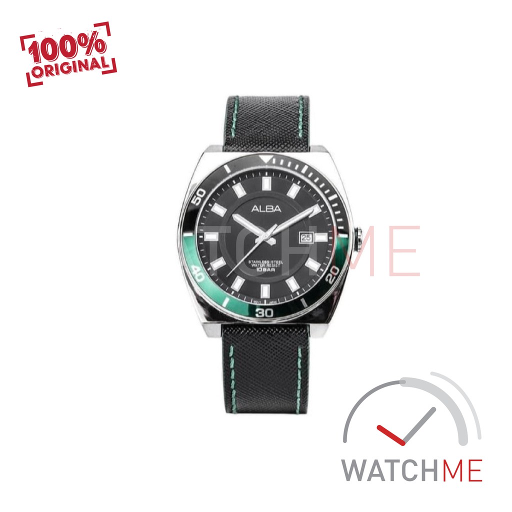 Jam Tangan Alba Analog AS9D99X1 Black Dial Green 100m Leather Strap Original Garansi Murah