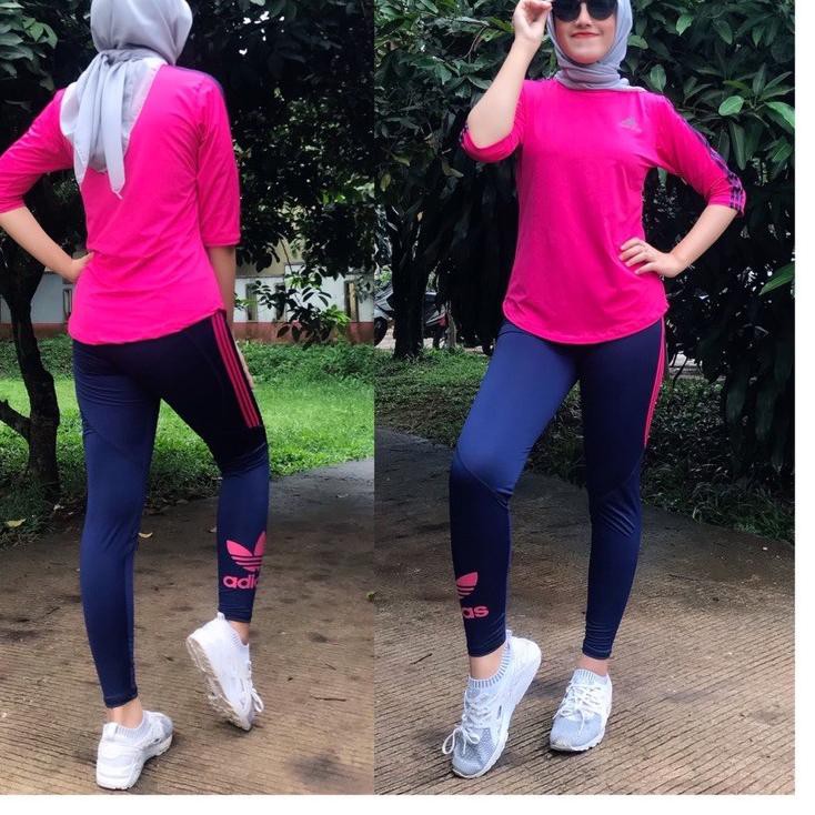 Setelan Baju Senam Pink Navy 3List / Baju Senam Olahraga bik Fitness Zumba Cycling Running Gym 