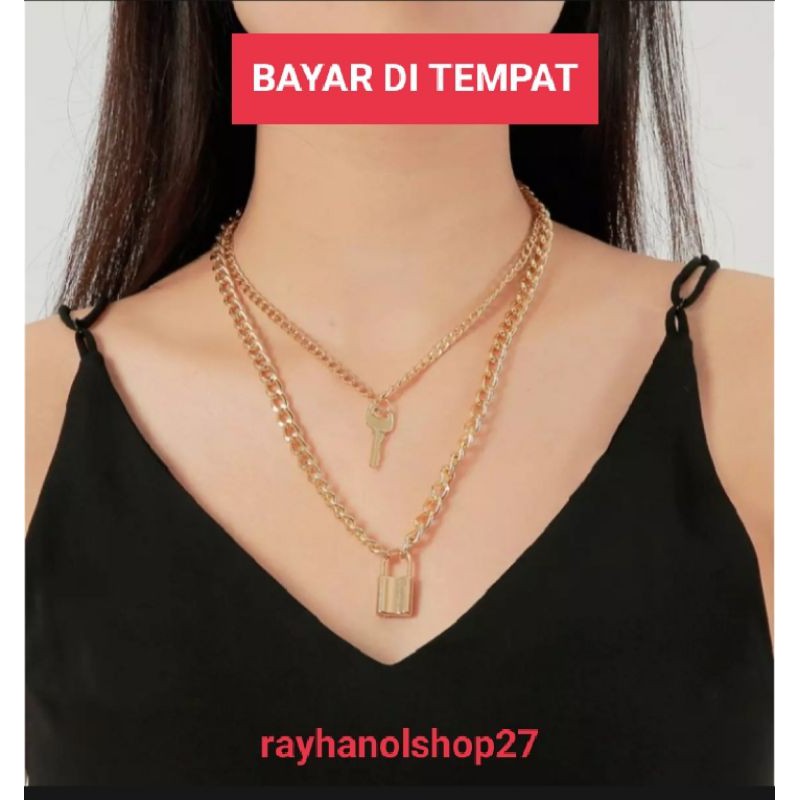 KALUNG RANTAI GEMBOK KONCI MEWAH LAPIS EMAS WARNA GOLD DAN SILVER