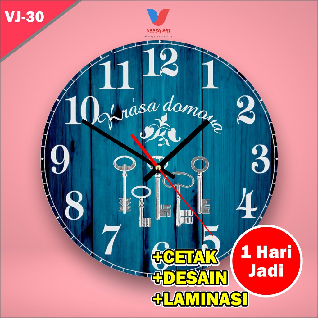 Jam dinding murah warna biru kayu vintage elegan ruangan simple minimalis custom unik kecil analog