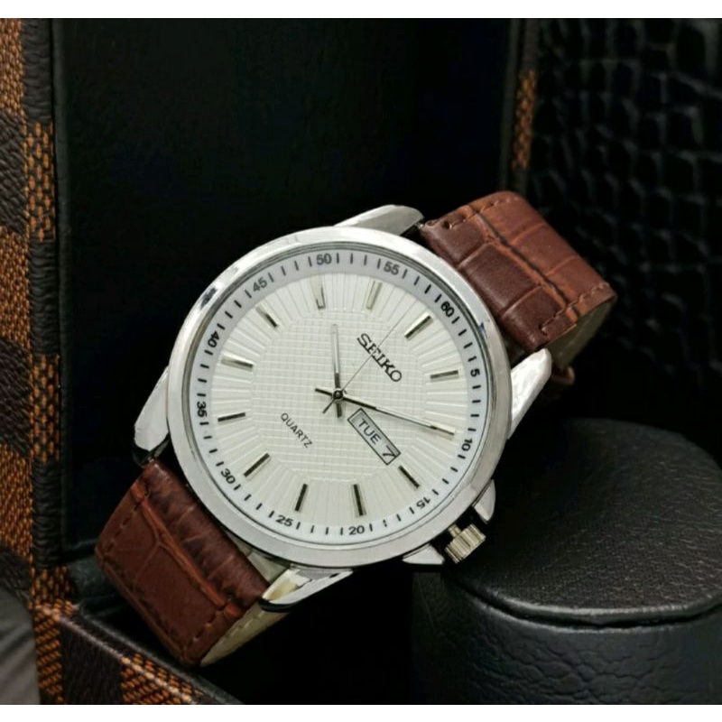 Jam Tangan Pria Seiko Tali Kulit Hitam Super Elegan - Jam Tangan Seiko Tali Kulit - Seiko White