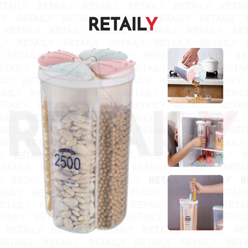 Retaily - HL0225 Food Storage Toples Makanan Wadah Tempat Penyimpanan Cereal Makanan Kering 2500ML 4 SLOT