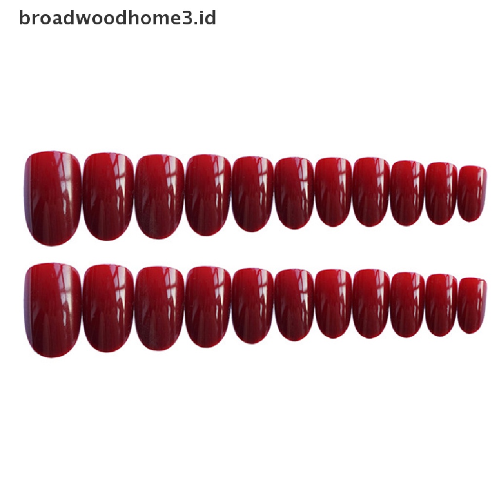 24pcs Kuku Palsu Kepala Bulat Warna Merah wine Dengan Lem Belakang Untuk Manicure