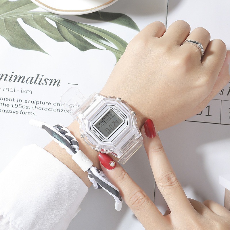 MURMURE.ID | JAM TANGAN RUBBER DIGITAL UNTUK PRIA WANITA PERSEGI TRANSPARAN BENING IMPORT FW006-PUTIH