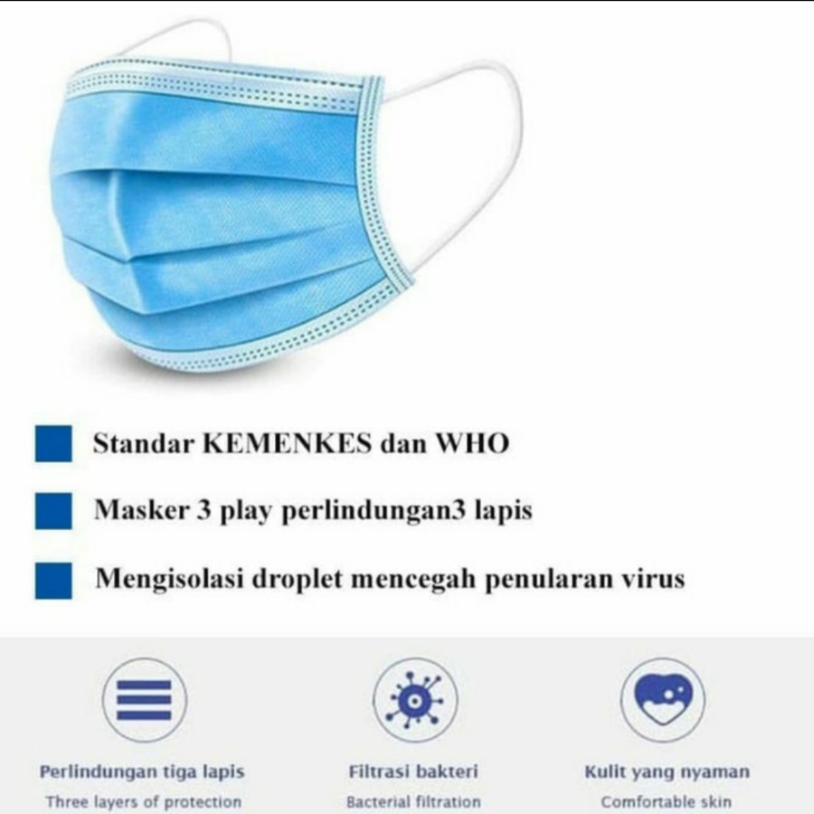 Masker 3 Ply 3Ply isi 50 disposable Surgical mask Masker Bedah Earloop tali tidak mudah putus