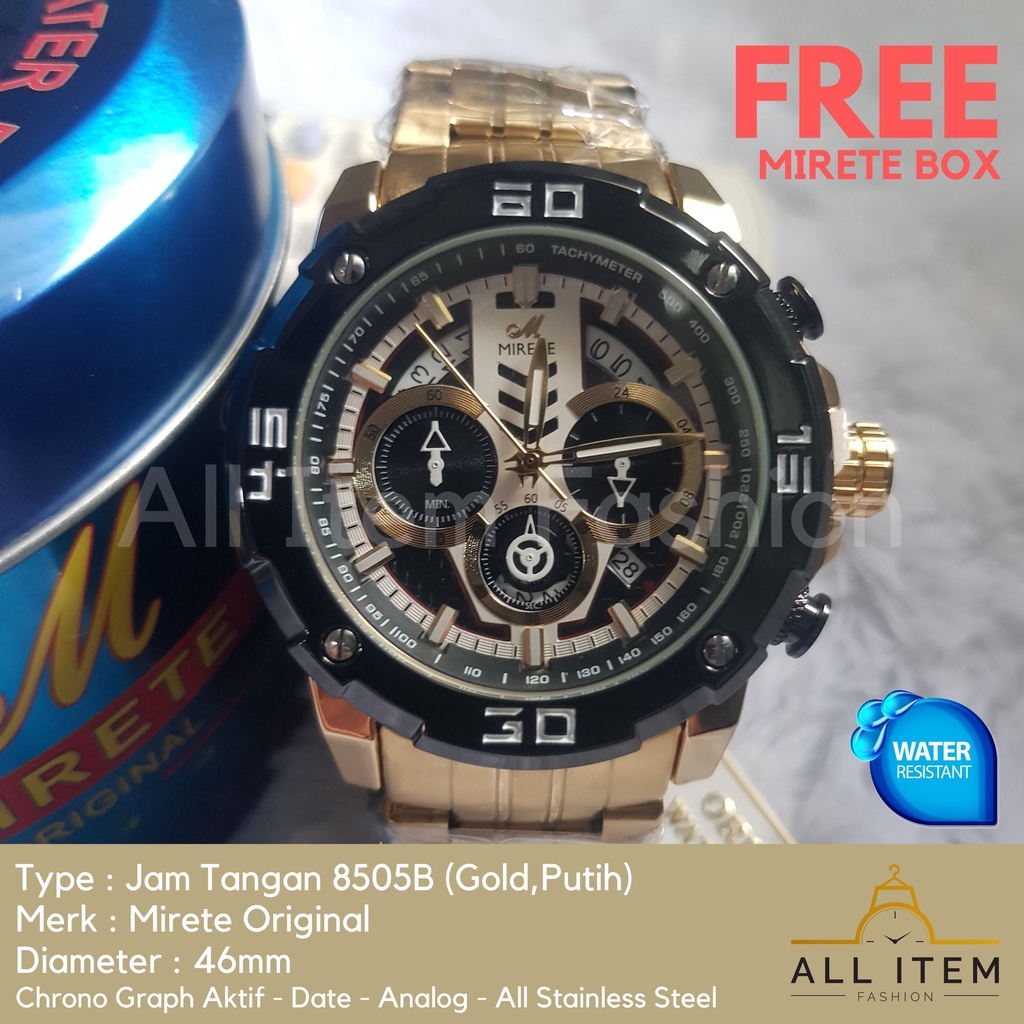 Jam Tangan Chrono Rantai MIRETE 8505B / Jam Tangan Pria Anti Air ORI / Arloji / Watches (FREE BOX)